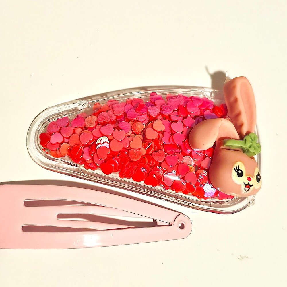 Bunny Shaker Hair Clip Set Pink Snap Barrettes Heart Confetti Cute Kawaii Gifts